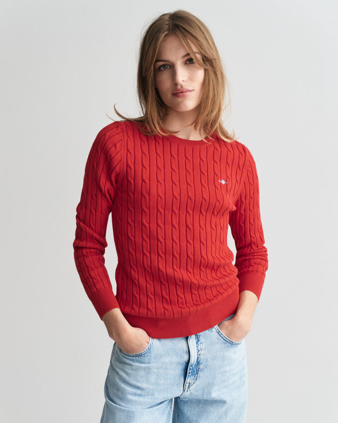 Gant Stretch Cotton Cable Knit Crew Neck Sweater in Ruby Red