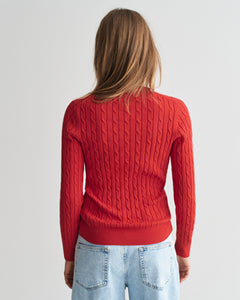 Gant Stretch Cotton Cable Knit Crew Neck Sweater in Ruby Red