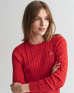 Gant Stretch Cotton Cable Knit Crew Neck Sweater in Ruby Red