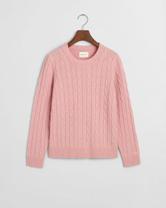 Gant Lambswool Cable Knit Crew Neck Sweater in Dusty Pink