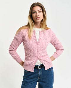 Gant Stretch Cotton Cable Cardigan in Dusty Pink