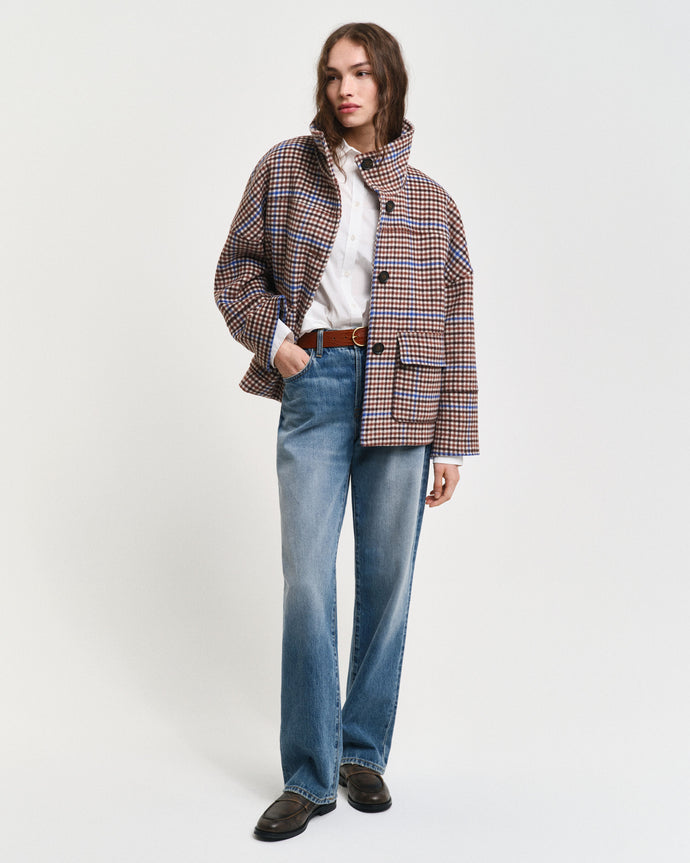 Gant Cropped Check Wool Jacket in College Blue