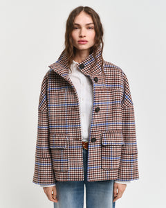 Gant Cropped Check Wool Jacket in College Blue