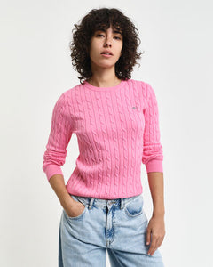 Gant Stretch Cotton Cable Knit Crew Neck Sweater in Candy Pink