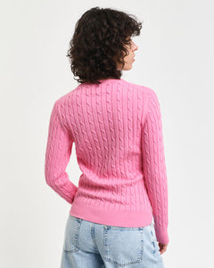 Gant Stretch Cotton Cable Knit Crew Neck Sweater in Candy Pink