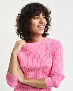 Gant Stretch Cotton Cable Knit Crew Neck Sweater in Candy Pink