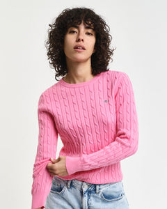 Gant Stretch Cotton Cable Knit Crew Neck Sweater in Candy Pink