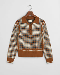 Gant Houndstooth Jacquard Polo Sweater in Cocao Brown