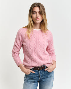 Gant Lambswool Cable Knit Crew Neck Sweater in Dusty Pink