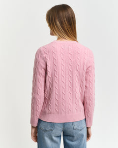 Gant Lambswool Cable Knit Crew Neck Sweater in Dusty Pink