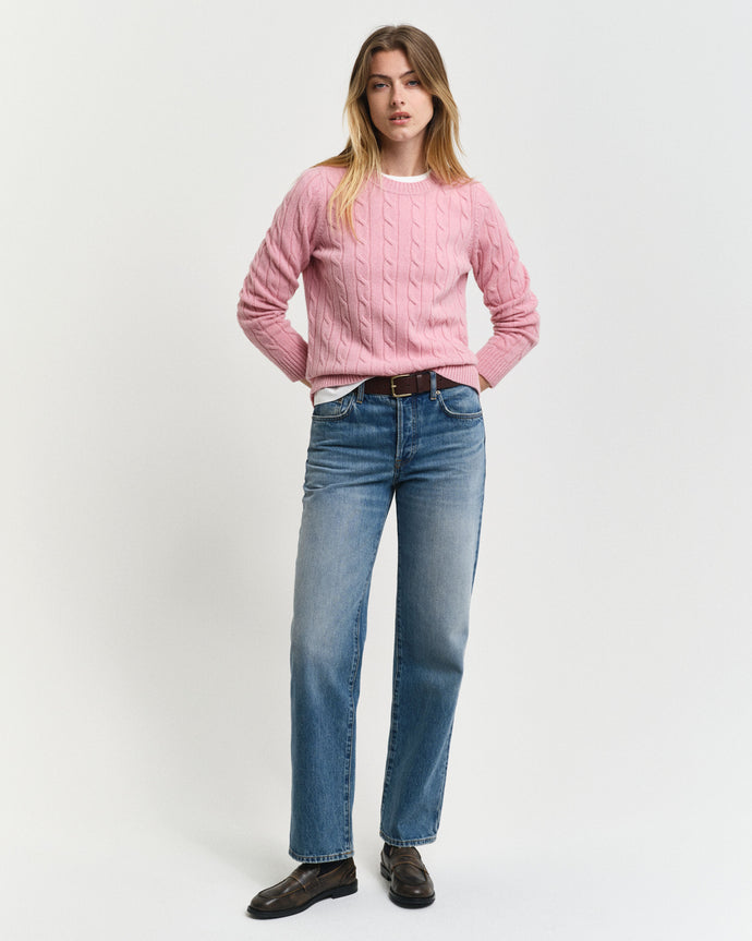 Gant Lambswool Cable Knit Crew Neck Sweater in Dusty Pink