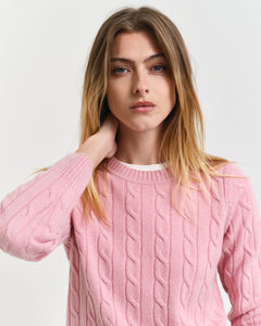 Gant Lambswool Cable Knit Crew Neck Sweater in Dusty Pink