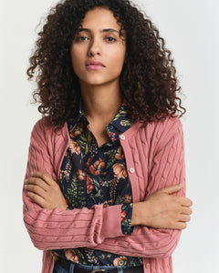 Gant Stretch Cotton Cable Cardigan in Faded Brick
