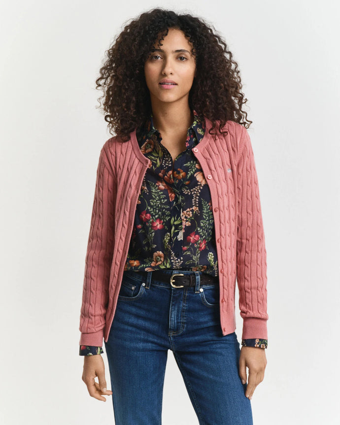 Gant Stretch Cotton Cable Cardigan in Faded Brick