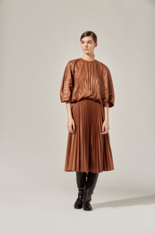 Fabianna Fillippi Leather Effect Pleated Dress in Cognac